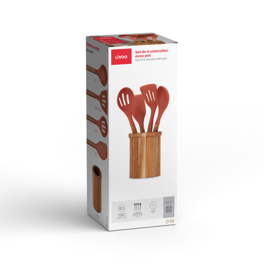Set de 4 ustensiles avec pot Livoo – terracotta et bois