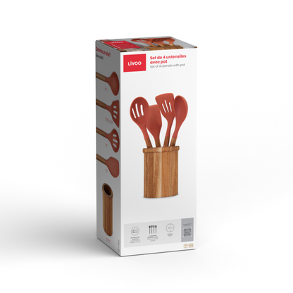 Set de 4 ustensiles avec pot Livoo – terracotta et bois
