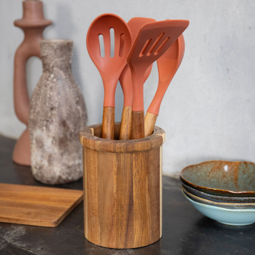 Set de 4 ustensiles avec pot Livoo – terracotta et bois
