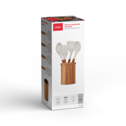 Set de 4 ustensiles avec pot Livoo – gris et bois