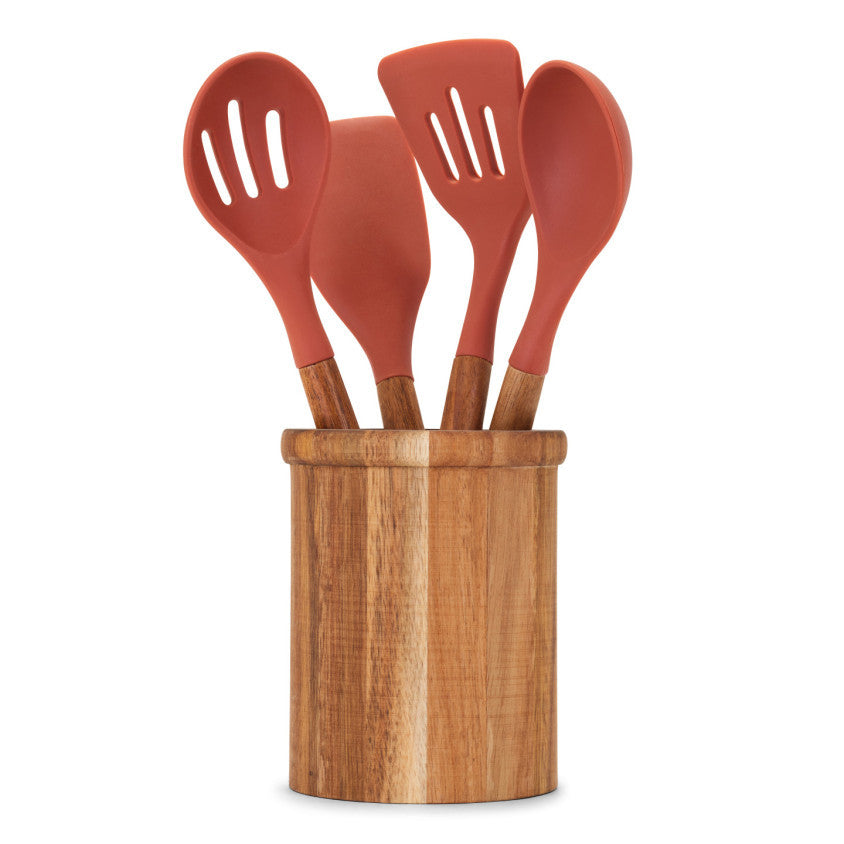 Set de 4 ustensiles avec pot Livoo – terracotta et bois