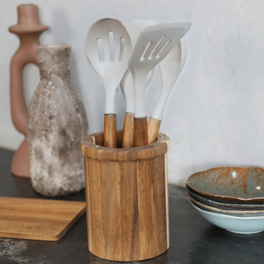 Set de 4 ustensiles avec pot Livoo – gris et bois